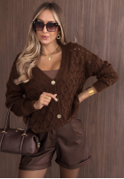 Krótki ażurowy kardigan z zapięciem Knit Haven velbloudí