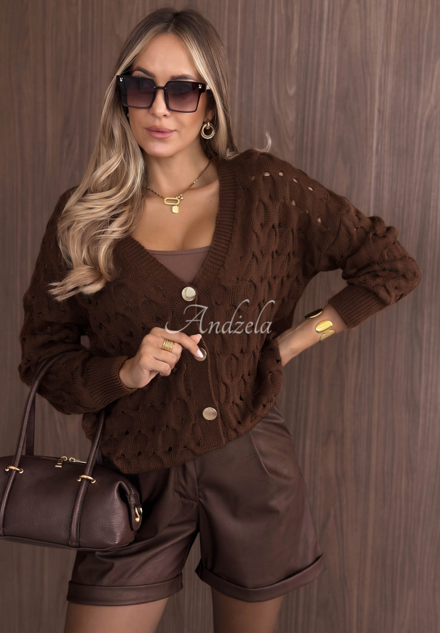 Kr&aacute;tk&yacute; ažurov&yacute; kardigan se zap&iacute;n&aacute;n&iacute;m Knit Haven velbloud&iacute;