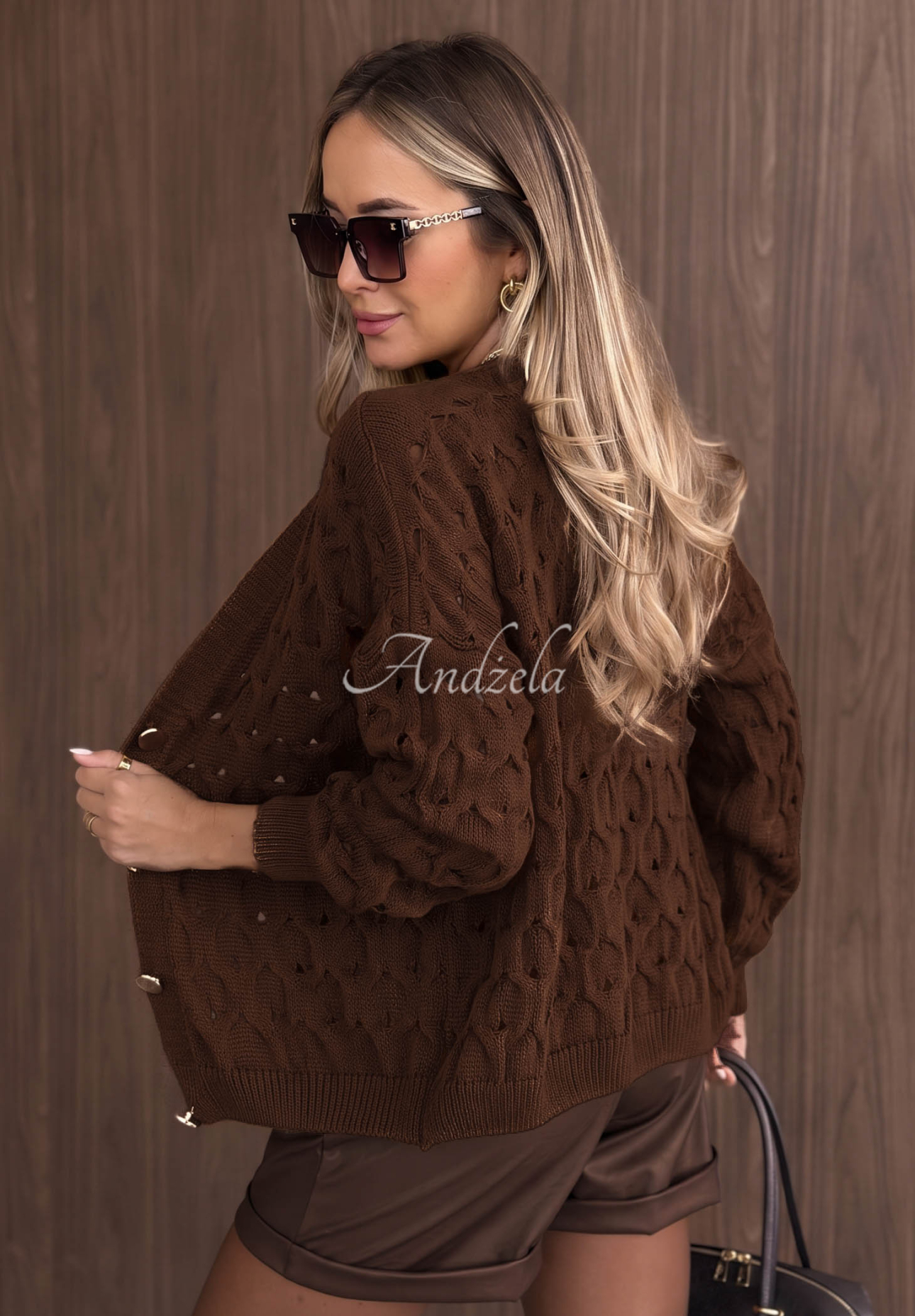 Krátký ažurový kardigan se zapínáním Knit Haven velbloudí