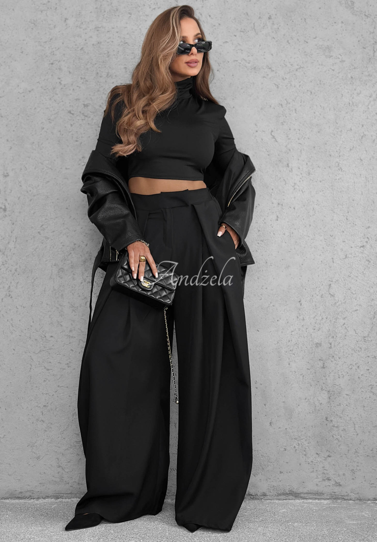 Látkové kalhoty wide leg se sklady Cloudy Elegance černé