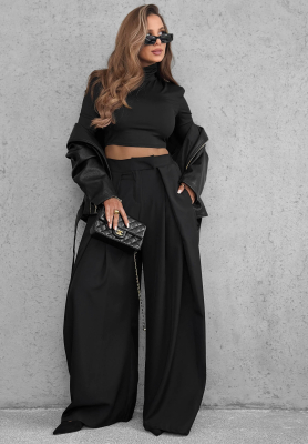 Látkové kalhoty wide leg se sklady Cloudy Elegance černé