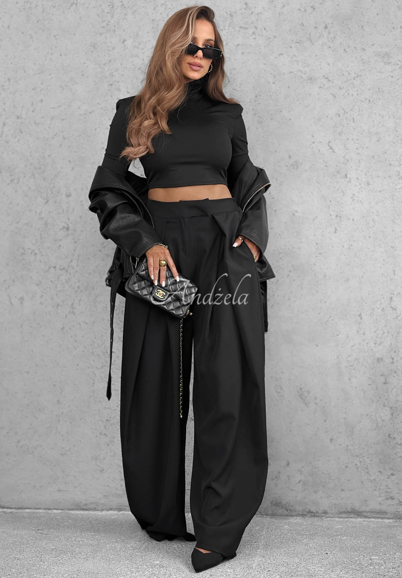 Látkové kalhoty wide leg se sklady Cloudy Elegance černé