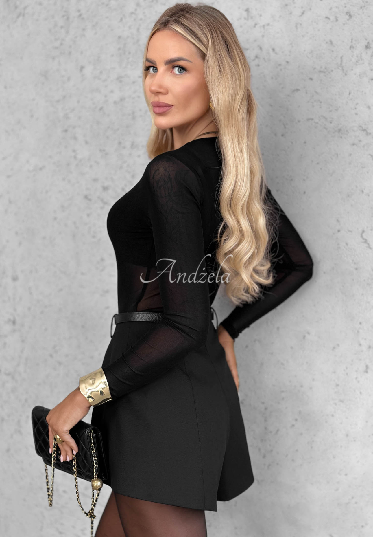 Dopasowane body longsleeve z siateczki Little Shimmer černé