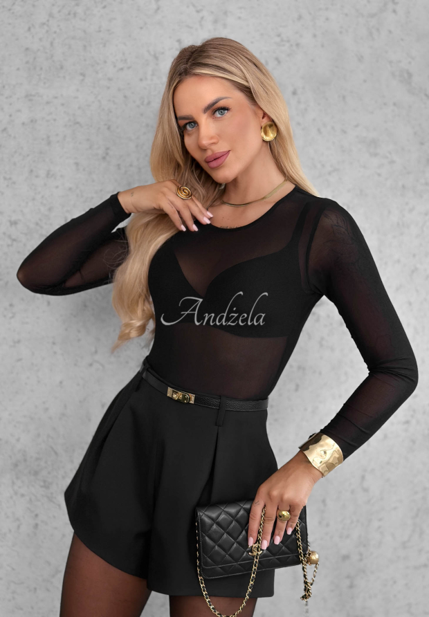 Dopasowane body longsleeve z siateczki Little Shimmer čern&eacute;
