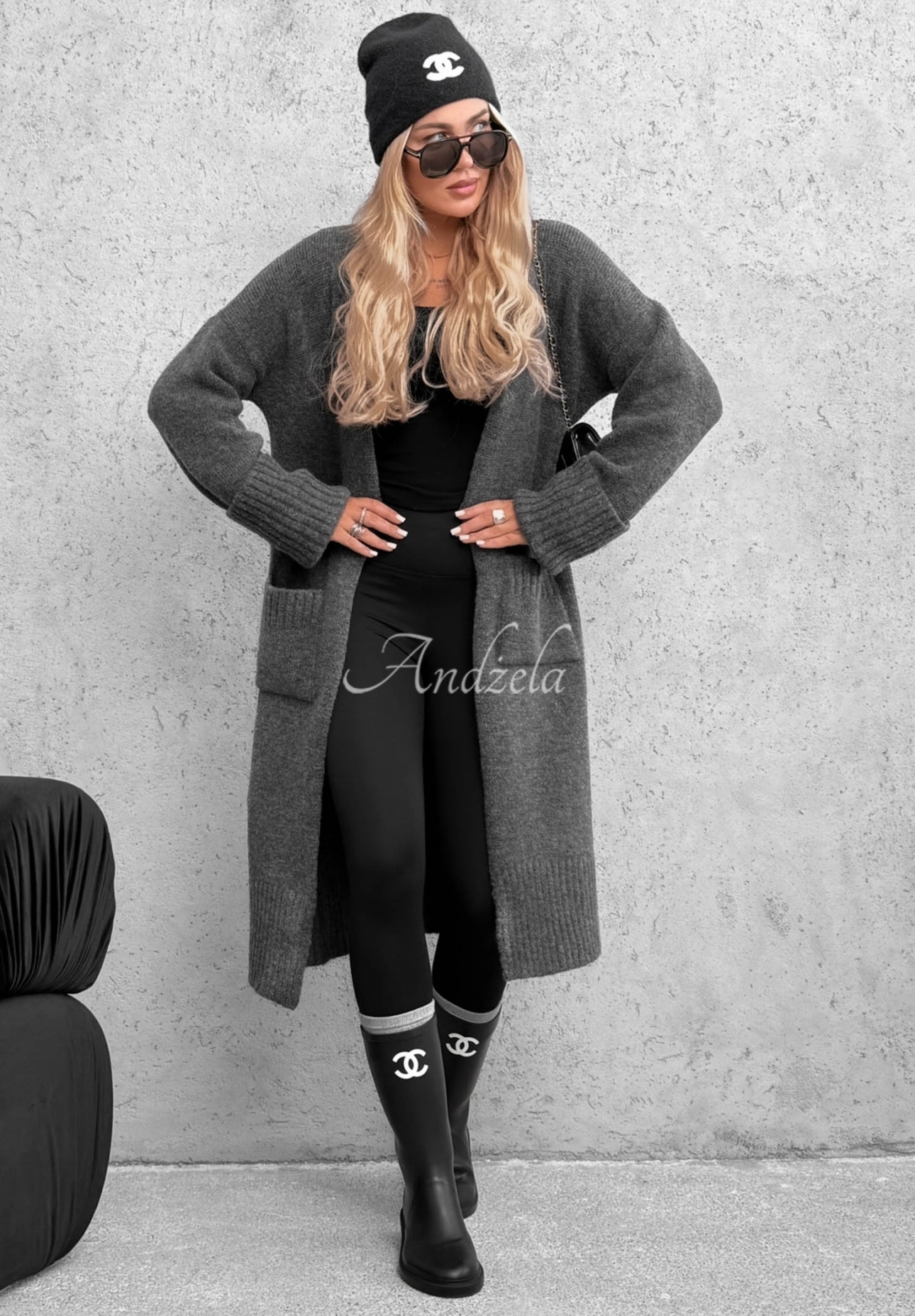 Dlouhý Kardigan oversize s kapsami Marbelio grafitový