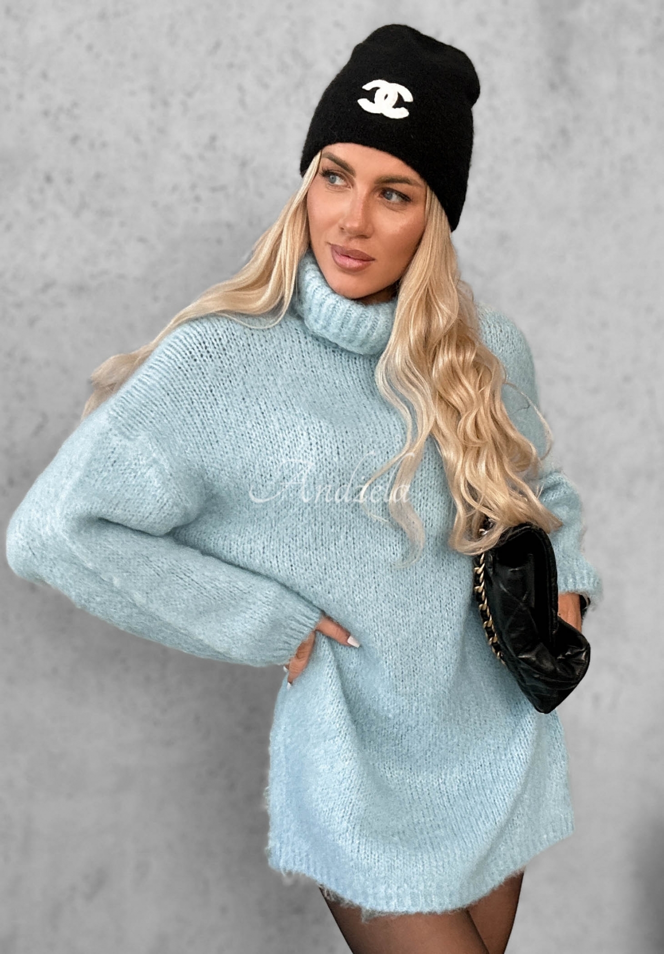 Pletené šaty s rolákem, vlnou a viskózou Cozy Babe blankytná