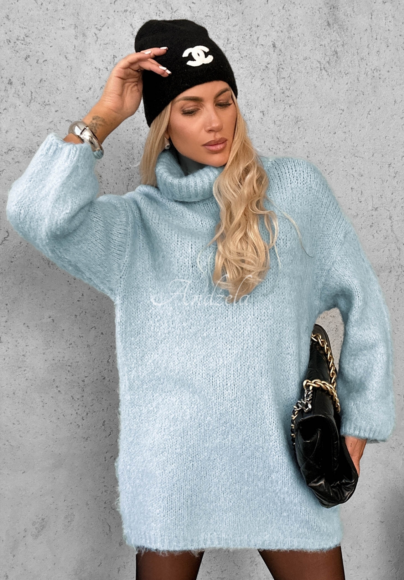 Pletené šaty s rolákem, vlnou a viskózou Cozy Babe blankytná