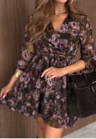 Kwiecista Šaty mini z falbankami i paskiem Autumn Bouquet čokoládová