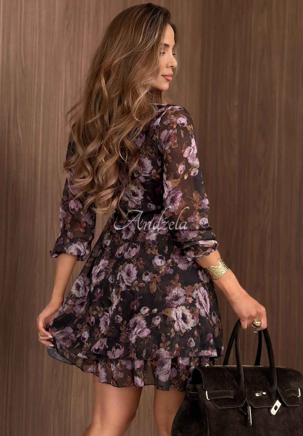 Květované mini šaty s volánky a páskem Autumn Bouquet čokoládová