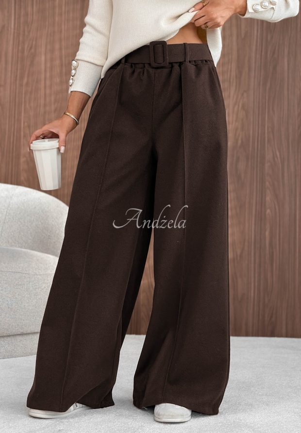 Visk&oacute;zov&eacute; kalhoty se &scaron;irok&yacute;mi nohavicemi a ozdobn&yacute;m pro&scaron;&iacute;v&aacute;n&iacute;m Warm Coffee čokol&aacute;dov&eacute;