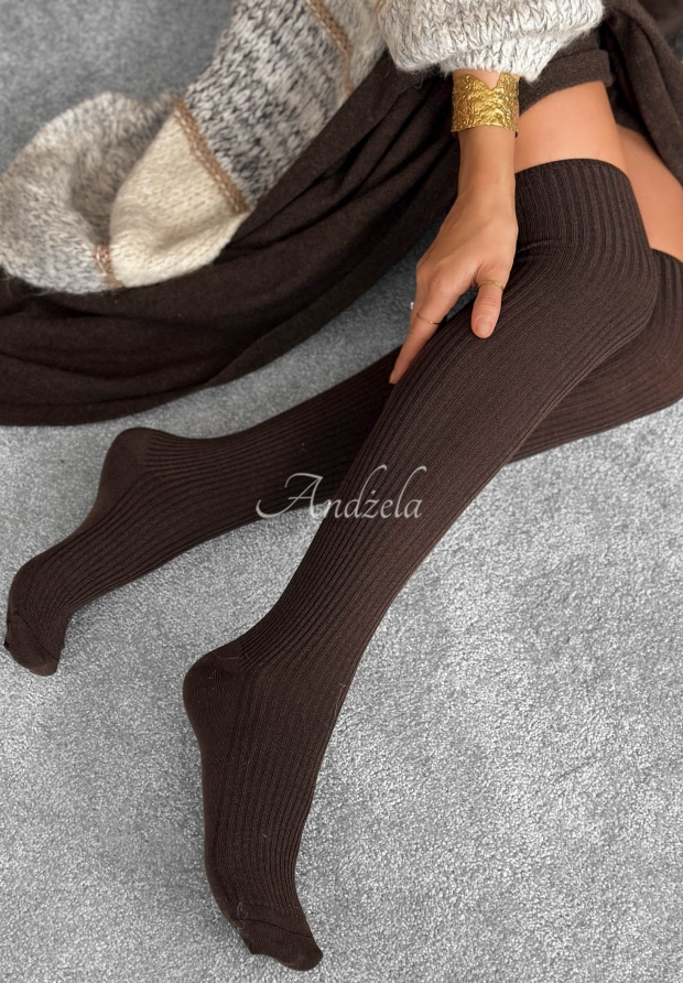 Žebrovan&eacute; nadkolenky s merino vlnou Pretty Legs čokol&aacute;dov&eacute;