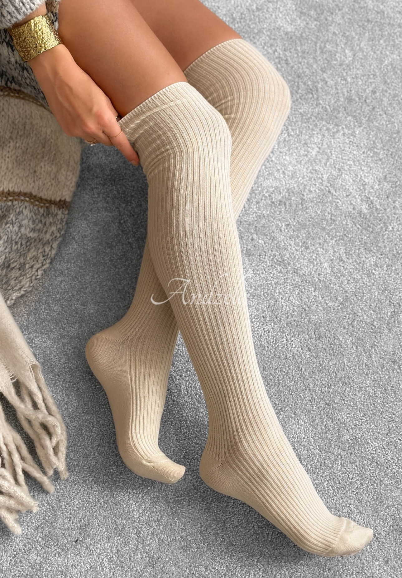 Žebrované nadkolenky s merino vlnou Pretty Legs ecru