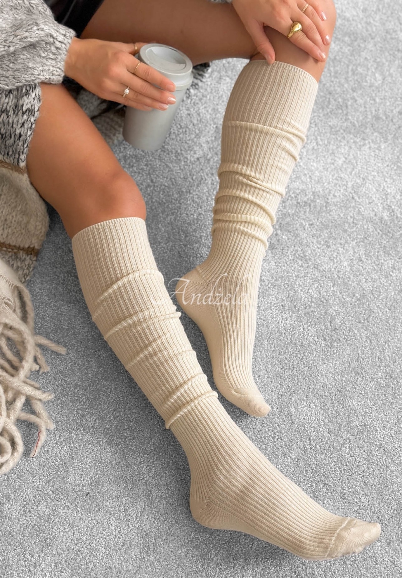 Žebrované nadkolenky s merino vlnou Pretty Legs ecru