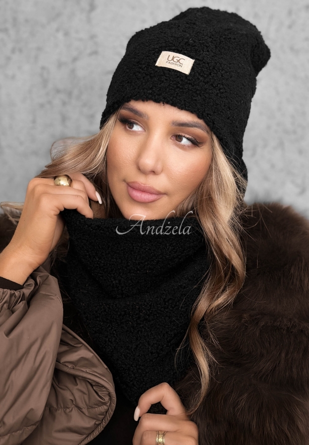 Souprava čepice a n&aacute;krčn&iacute;ku s kož&iacute;&scaron;kem Winter Lady Čern&eacute;