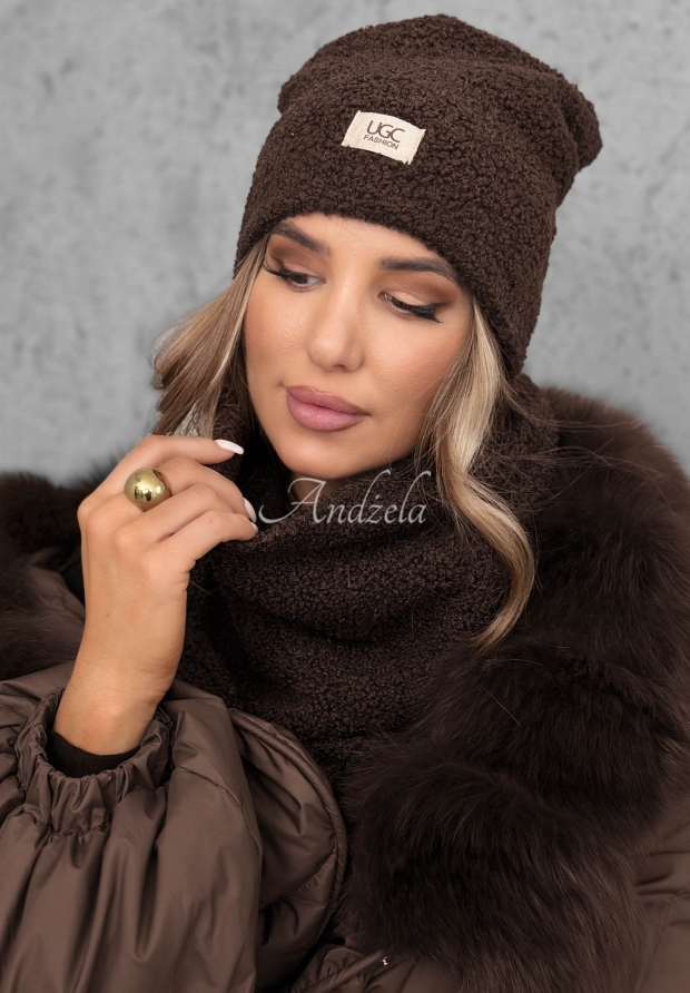 Souprava čepice a n&aacute;krčn&iacute;ku s kož&iacute;&scaron;kem Winter Lady čokol&aacute;dov&yacute;