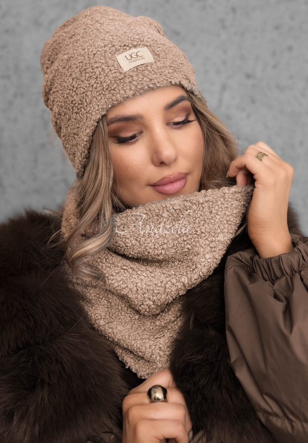 Souprava čepice a n&aacute;krčn&iacute;ku s kož&iacute;&scaron;kem Winter Lady b&eacute;žov&yacute;