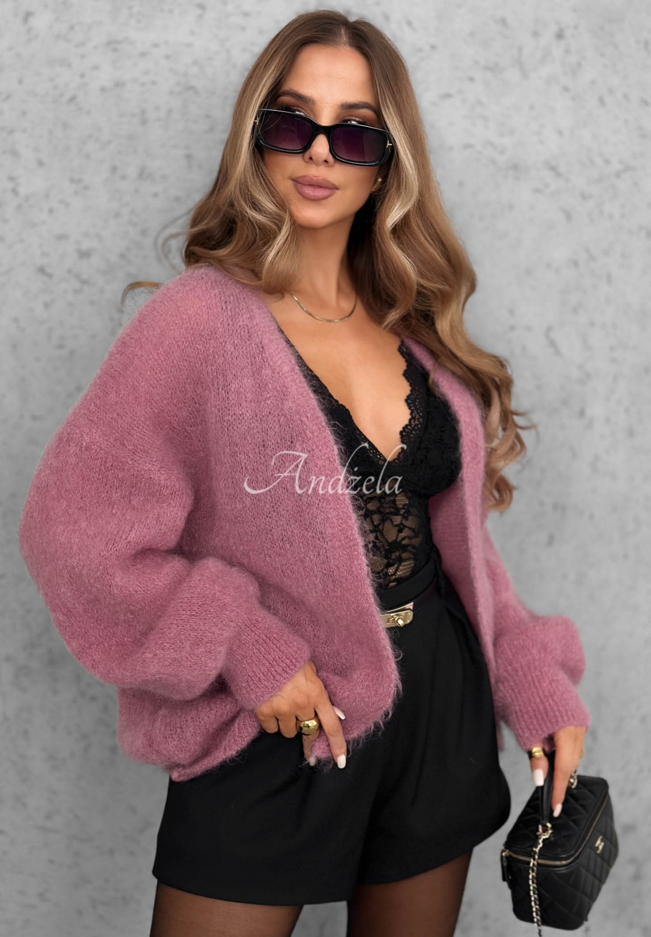 Oversize kardigan s mohérem bez zapínání Cozy Latte starorůžová