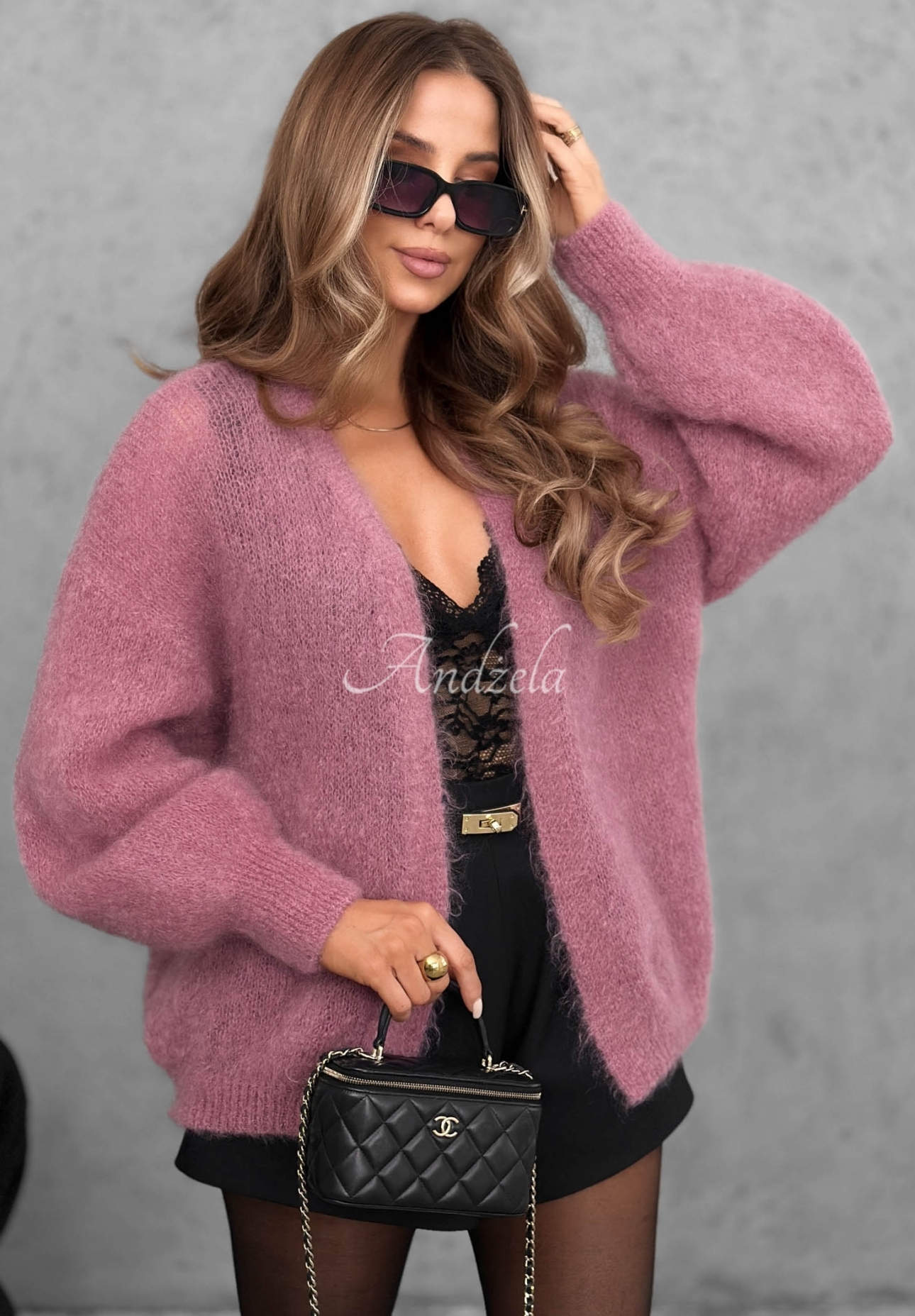 Oversize kardigan s mohérem bez zapínání Cozy Latte starorůžová
