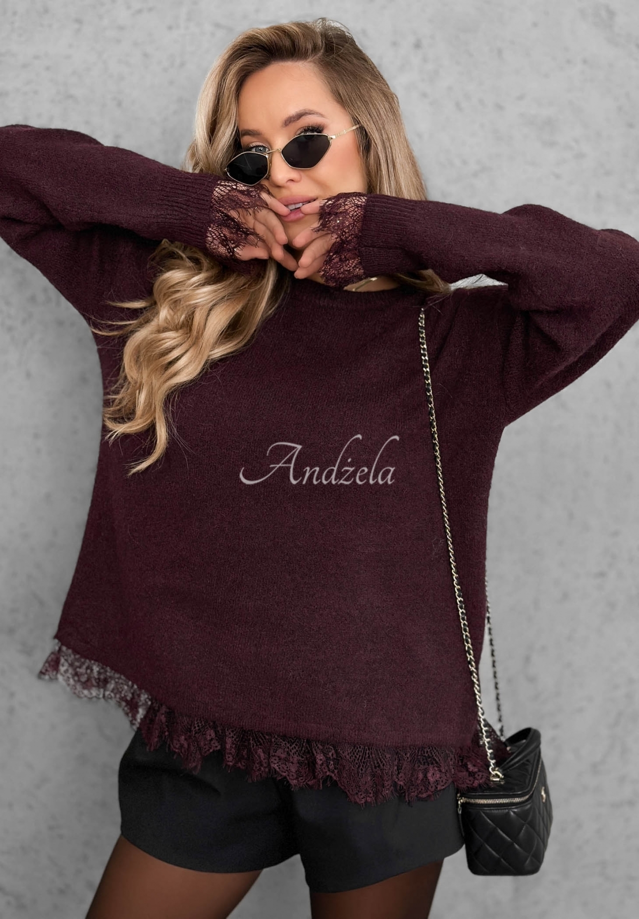 Oversize svetr s vlnou a krajkou Cozy Softness vínový
