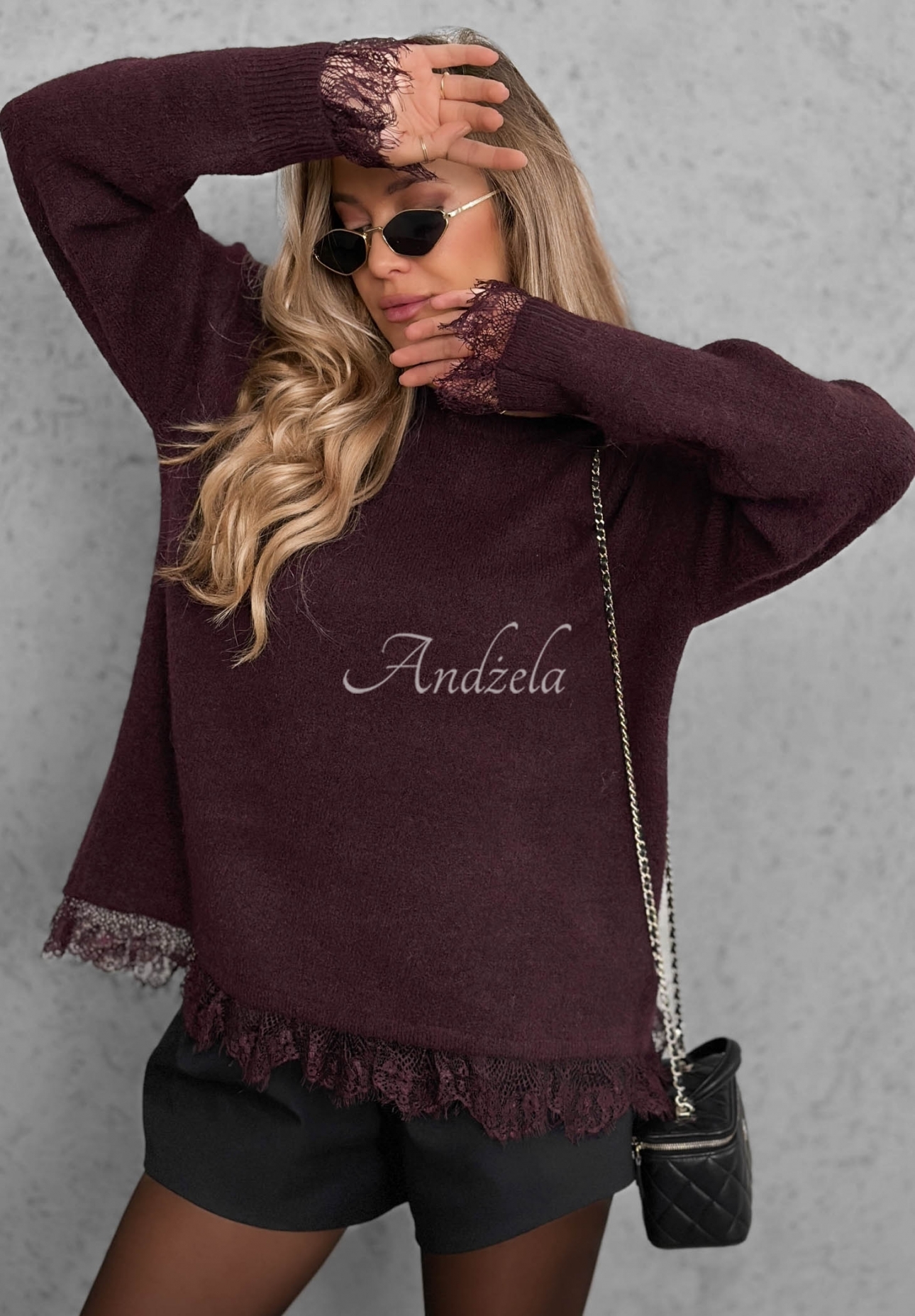 Oversize svetr s vlnou a krajkou Cozy Softness vínový
