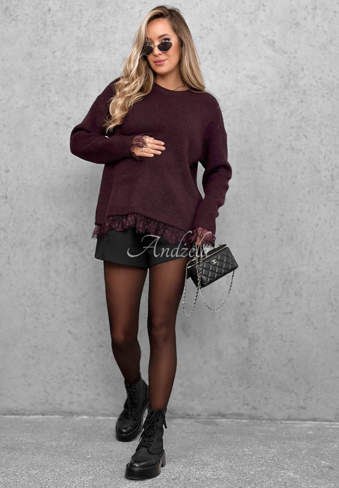 Oversize svetr s vlnou a krajkou Cozy Softness vínový