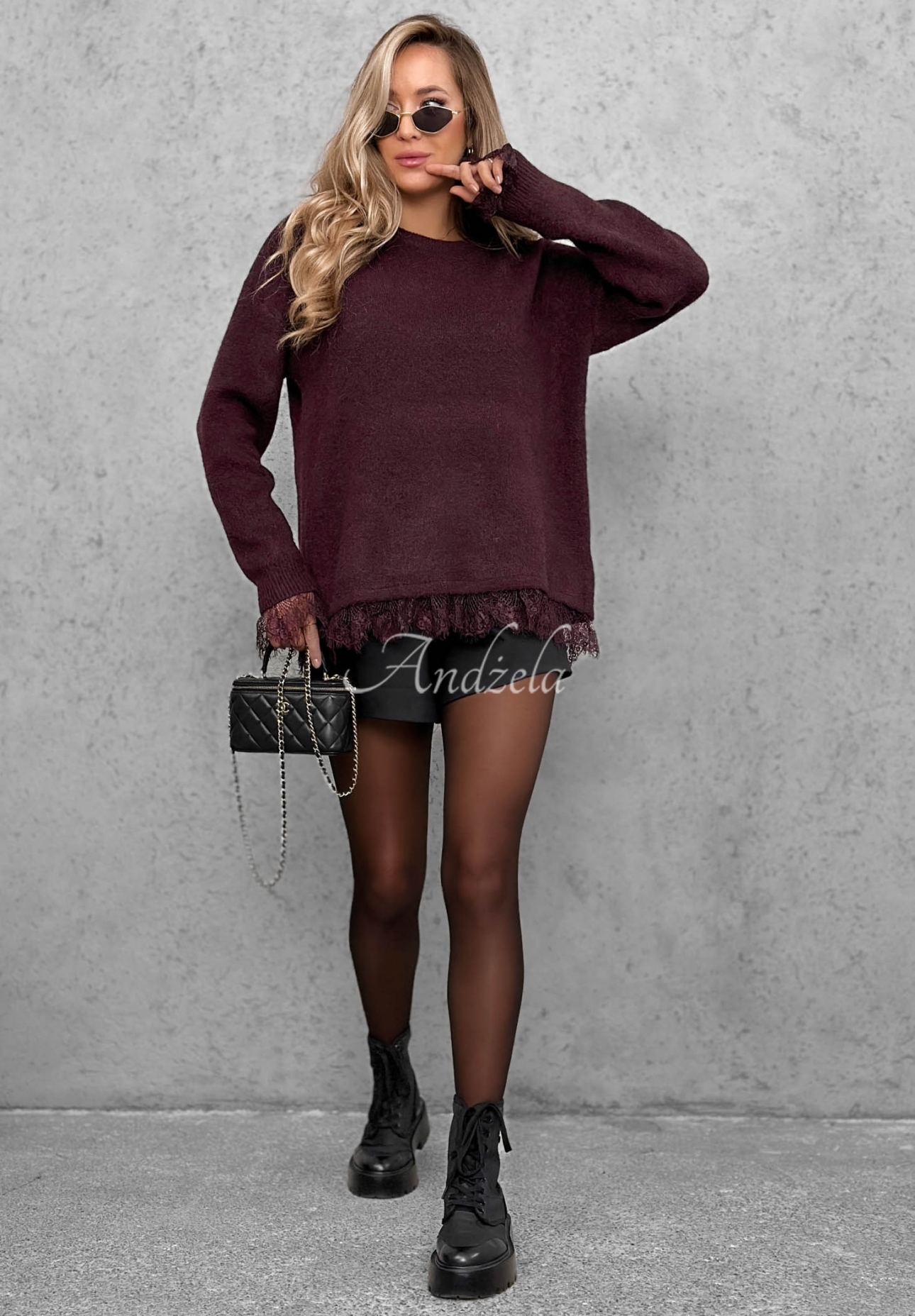 Oversize svetr s vlnou a krajkou Cozy Softness vínový