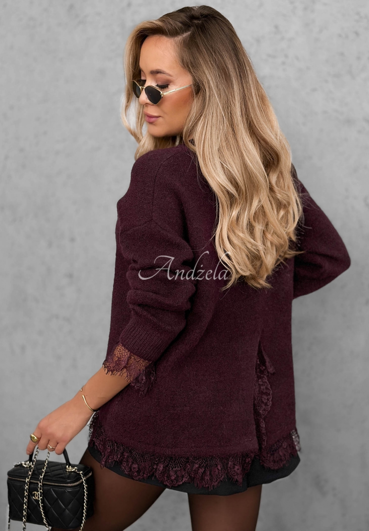 Oversize svetr s vlnou a krajkou Cozy Softness vínový