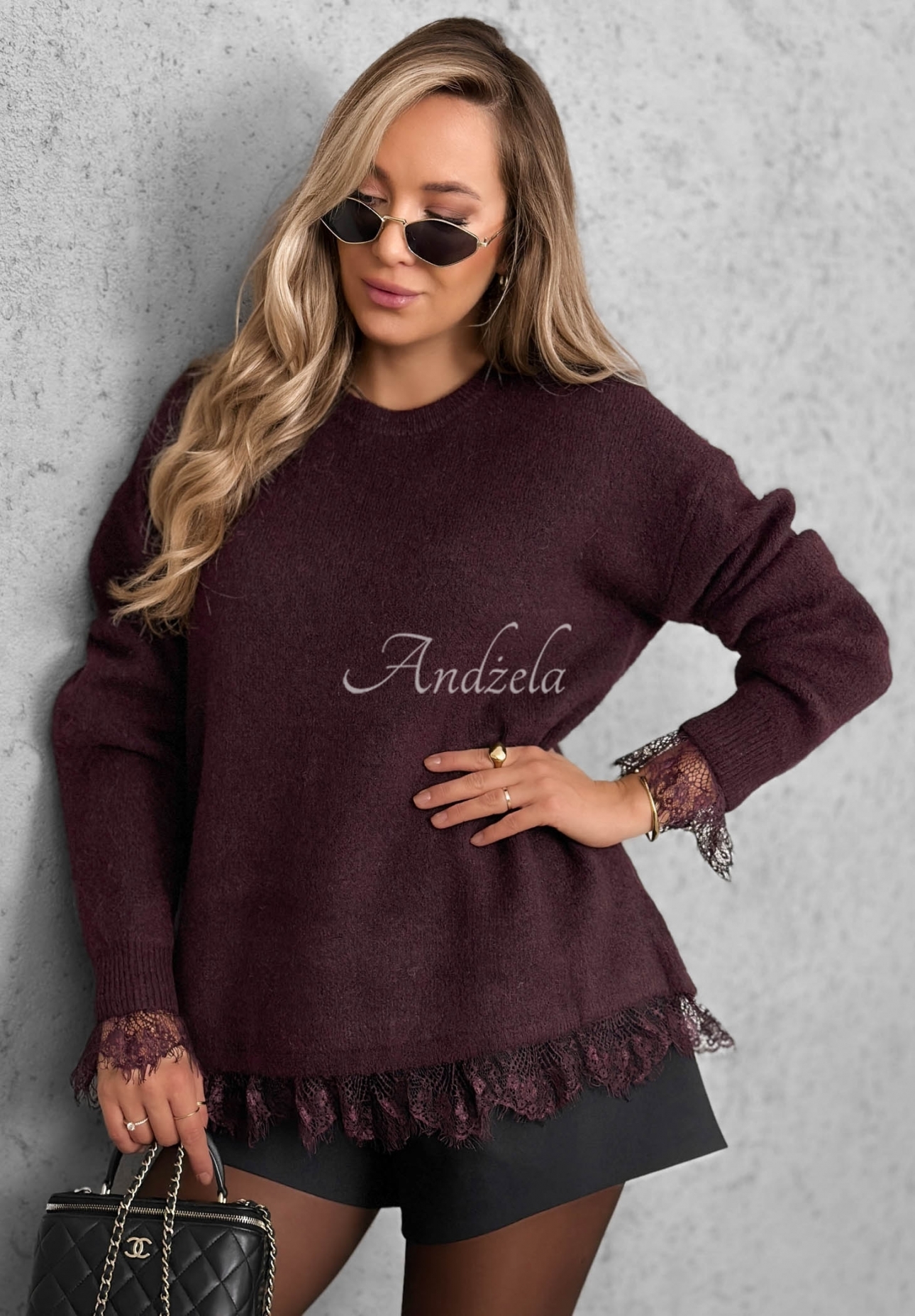 Oversize svetr s vlnou a krajkou Cozy Softness vínový