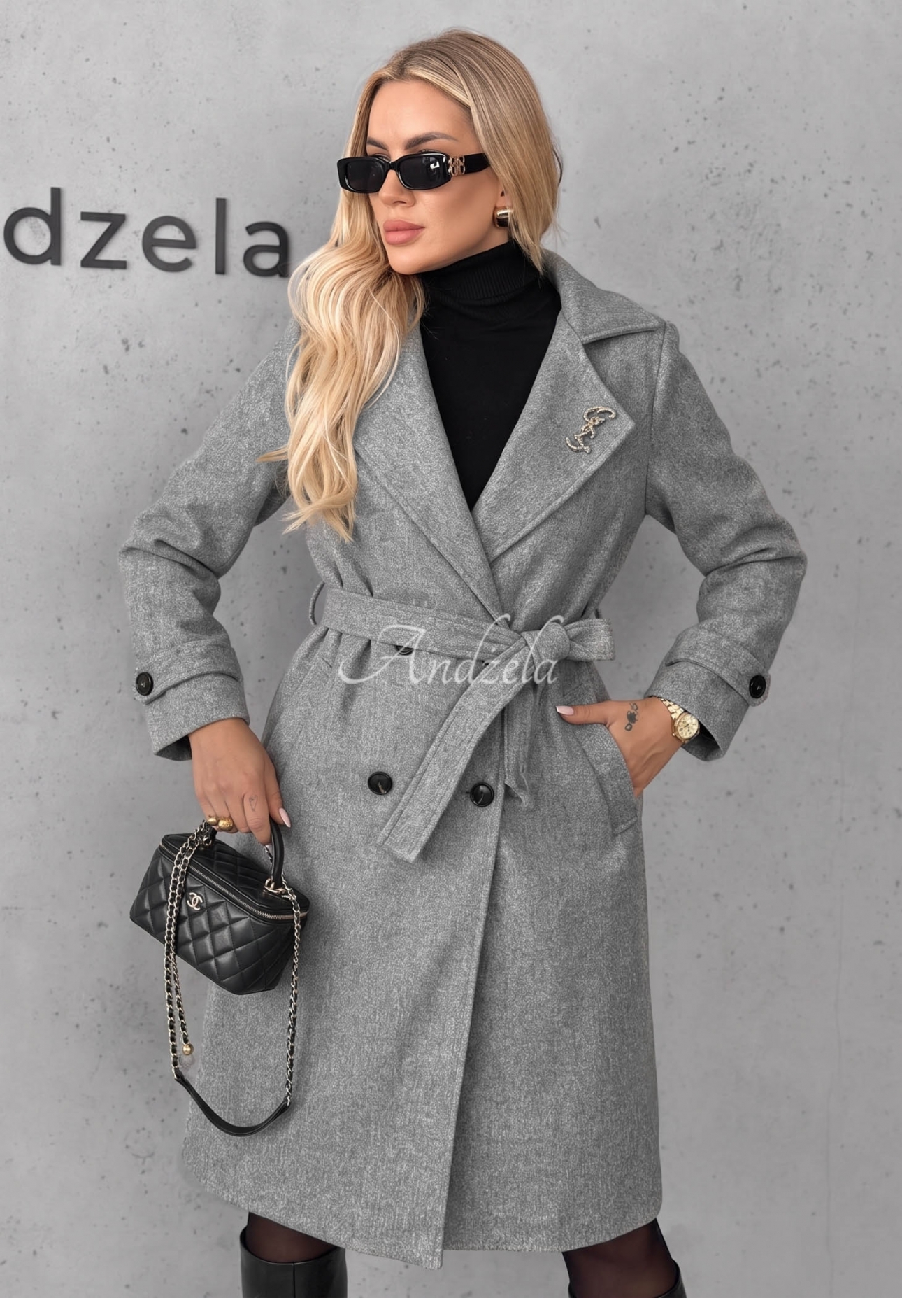 Dlouhý kabát s límcem a páskem Maple Street šedý